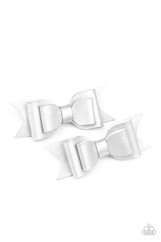 Paparazzi Accessories Totally BOWS my Mind! - White Painted in a shimmery silver sheen, two leather ribbons fold into a pair of dainty bows, creating a charming duo. Features a standard hair clip on the back. Hair Accessories