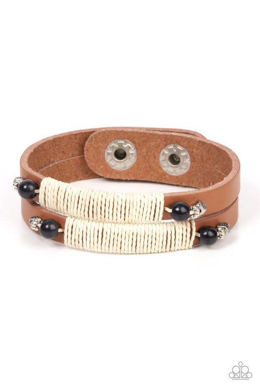 Paparazzi Accessories And ZEN some - Black Layered brown leather bands are wrapped with natural creme-colored cording and adorned at each end with earthy black stones and dainty silver accents, resulting in a rustic homespun finish as it wraps around the