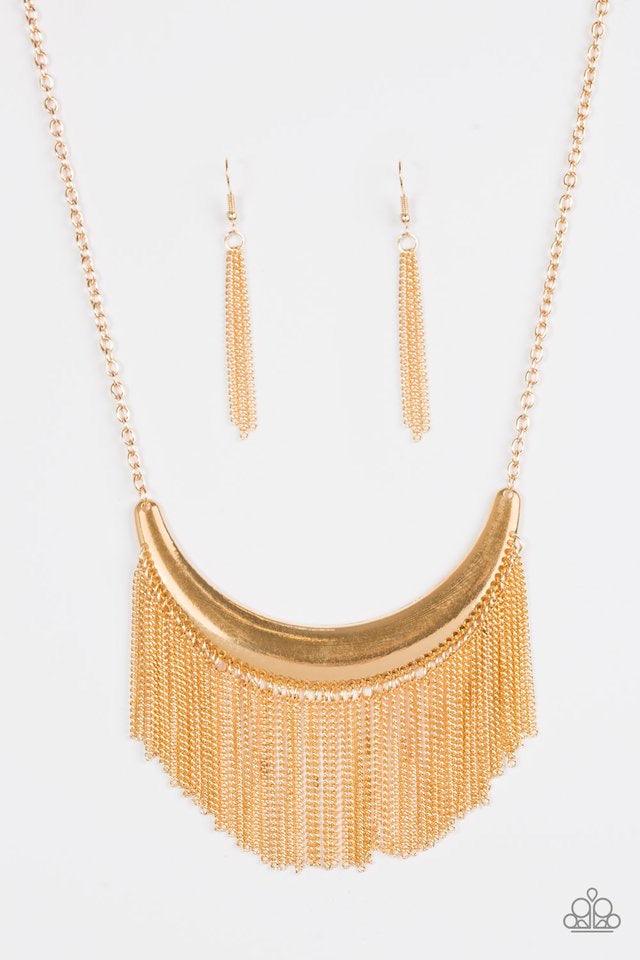 Paparazzi Accessories Zoo Zone - Gold Brushed in an antiqued finish, glistening gold chains stream from the bottom of a gold crescent, creating a bold fringe below the collar for a fierce look. Features an adjustable clasp closure. Sold as one individual