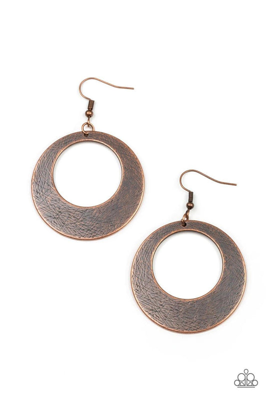 Paparazzi Accessories Outer Plains - Copper Brushed in an antiqued shimmer, a round copper frame is scratched in a gritty linear pattern for a rustic fashion. Earring attaches to a standard fishhook fitting. Sold as one pair of earrings. Jewelry