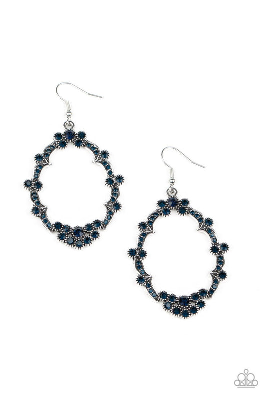 Paparazzi Accessories Sparkly Status - Blue Dotted with glittery blue rhinestones, dainty silver studded frames delicately connect into an imperfect teardrop frame for a whimsical shimmer. Earring attaches to a standard fishhook fitting. Sold as one pair