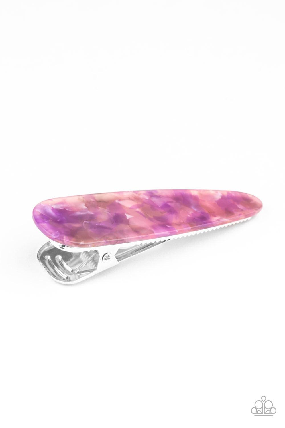Paparazzi Accessories HAIR I Am - Purple Speckled in iridescent accents, a thick acrylic frame clips back the hair for a colorfully retro look. Features a standard hair clip on the back. Color may vary. Sold as one individual hair clip. Hair Accessories