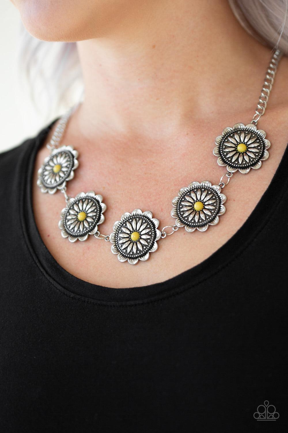 Paparazzi Accessories Me-Dillions, Myself, and I - Yellow Infused with shiny yellow beaded centers, ornate floral stamped frames link below the collar for a colorfully, seasonal look. Features an adjustable clasp closure. Sold as one individual necklace.