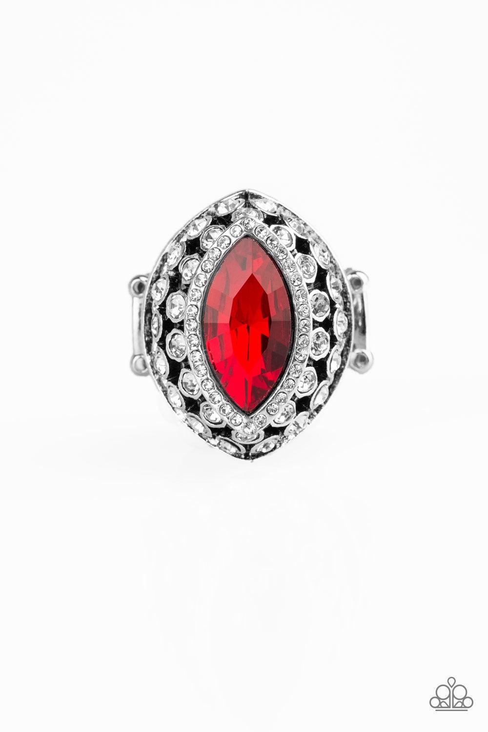 Paparazzi Accessories Royal Radiance - Red Featuring a regal marquise style cut, a fiery red rhinestone is pressed into the center of a silver frame radiating with glittery white rhinestones for a blinding finish. Features a stretchy band for a flexible f