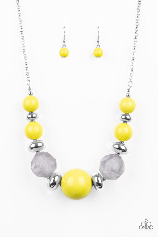 Paparazzi Accessories Daytime Drama - Yellow Gradually increasing in size near the center, a collection of yellow, silver, and cloudy beads join below the collar in a statement making fashion. Features an adjustable clasp closure. Jewelry