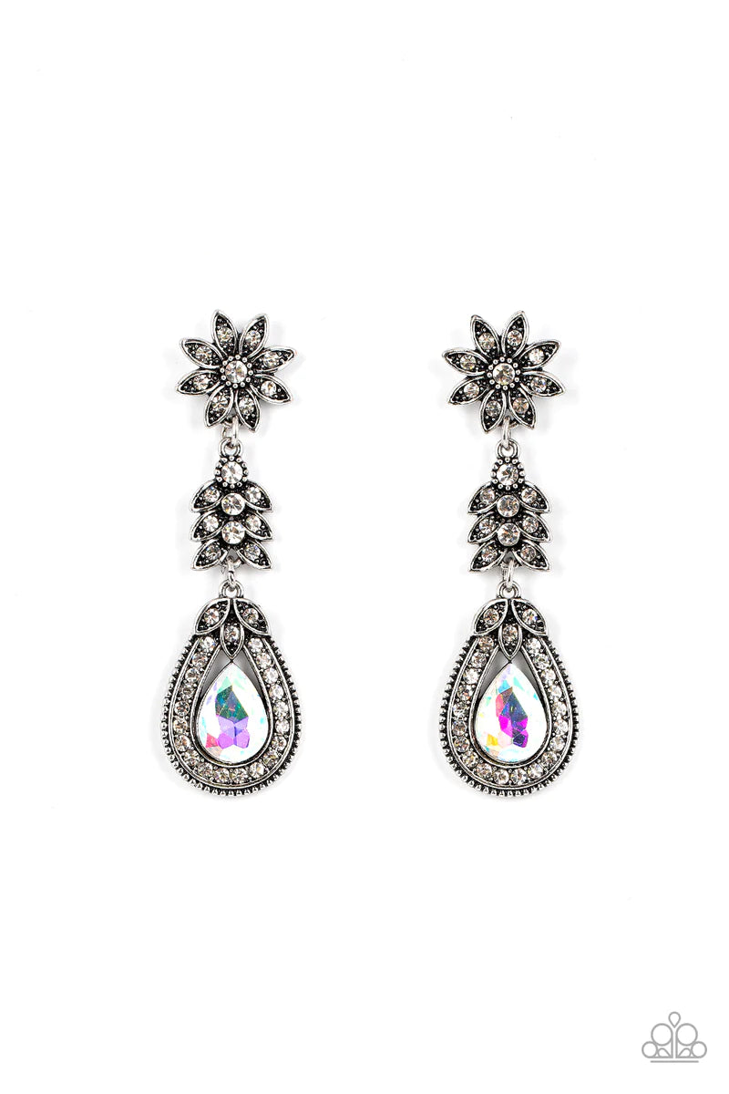 Paparazzi Accessories Floral Fantasy - Multi Dotted in dainty white rhinestones, a studded silver flower gives way to a leafy frame that is delicately suspended above a decorative white rhinestone dotted teardrop frame. An oversized teardrop gem seemingly