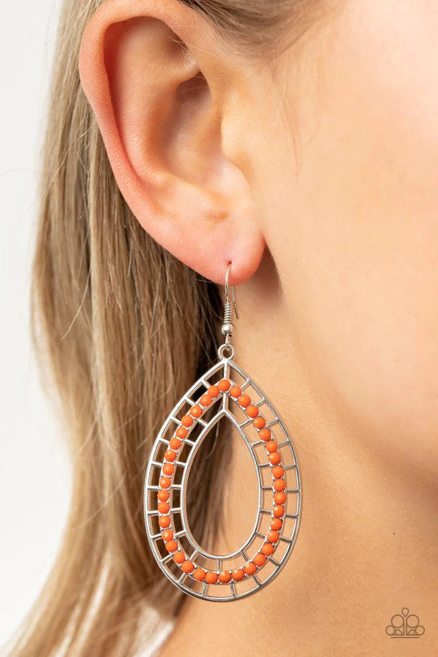Paparazzi Accessories Fruity Fiesta - Orange Fruity Fiesta Orange Paparazzi Dainty Amberglow beads dot the front of a stenciled silver teardrop, creating a colorful lure. Earring attaches to a standard fishhook fitting. Sold as one pair of earrings. Earri