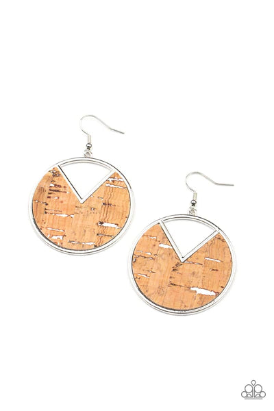 Paparazzi Accessories Nod To Nature - White Featuring hints of white accents, an earthy piece of cork is placed into the center of a circular hoop. A triangular slice is removed from the cork, creating an edgy airy finish. Earring attaches to a standard f