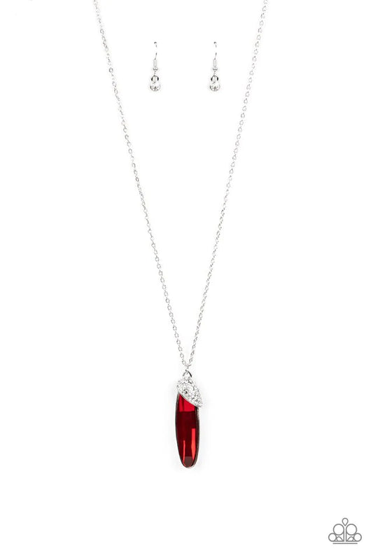 Paparazzi Accessories Spontaneous Sparkle - Red A white rhinestone encrusted silver fitting slants across the top of an oversized oval red rhinestone, creating a glamorous pendant at the bottom of a lengthened silver chain. Features an adjustable clasp cl