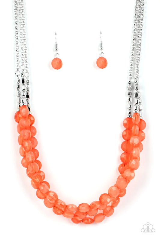 Paparazzi Accessories Pacific Picnic - Orange Threaded along invisible wires, rows of faceted silver beads give way to opaque coral gem-like beads below the collar for a summery splash of color. Features an adjustable clasp closure. Sold as one individual