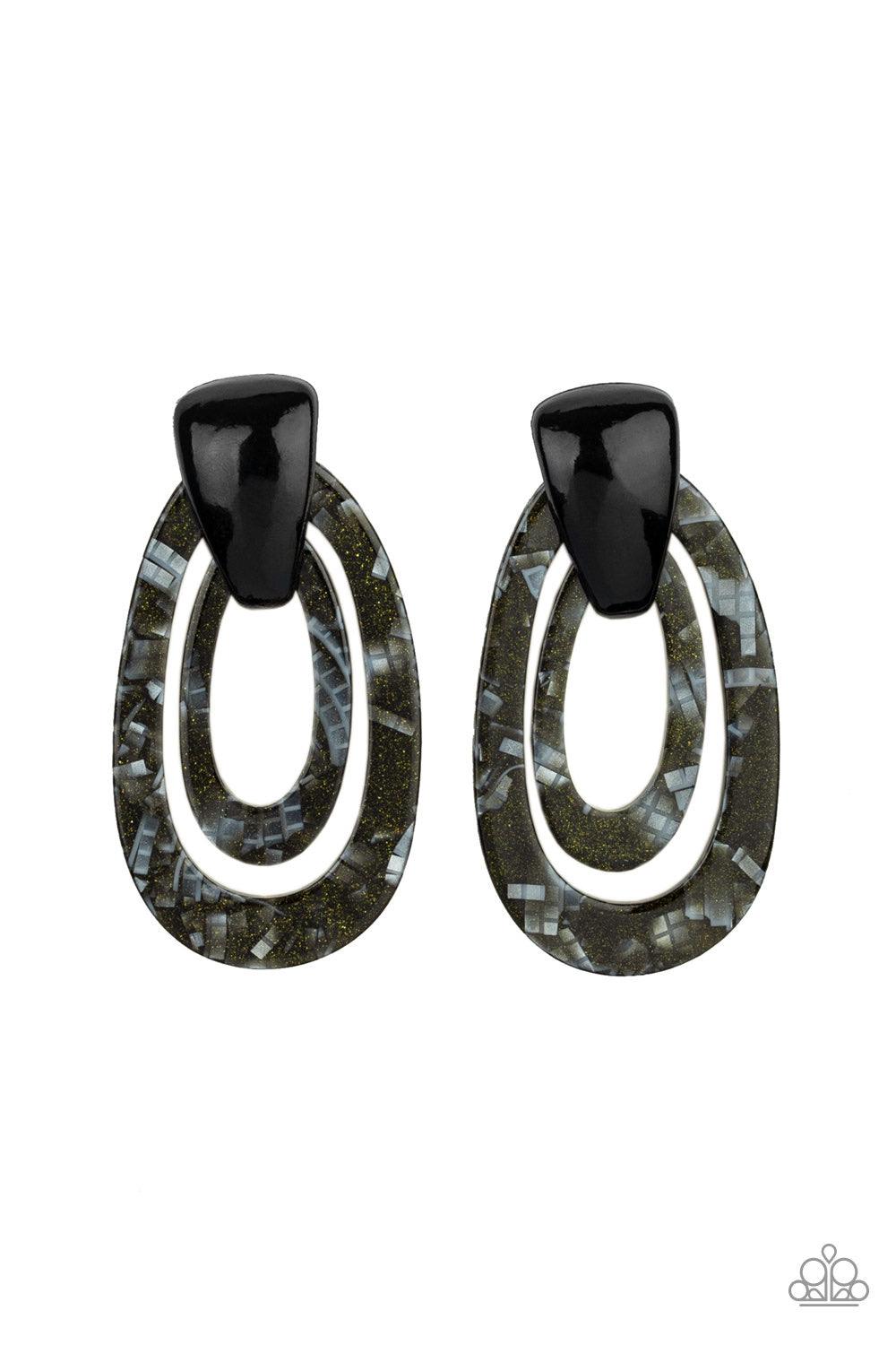 Paparazzi Accessories The HAUTE Zone - Black Featuring a glittery geometric print, two acrylic hoops are pinched between a triangular acrylic fitting for a retro look. Earring attaches to a standard post fitting. Jewelry