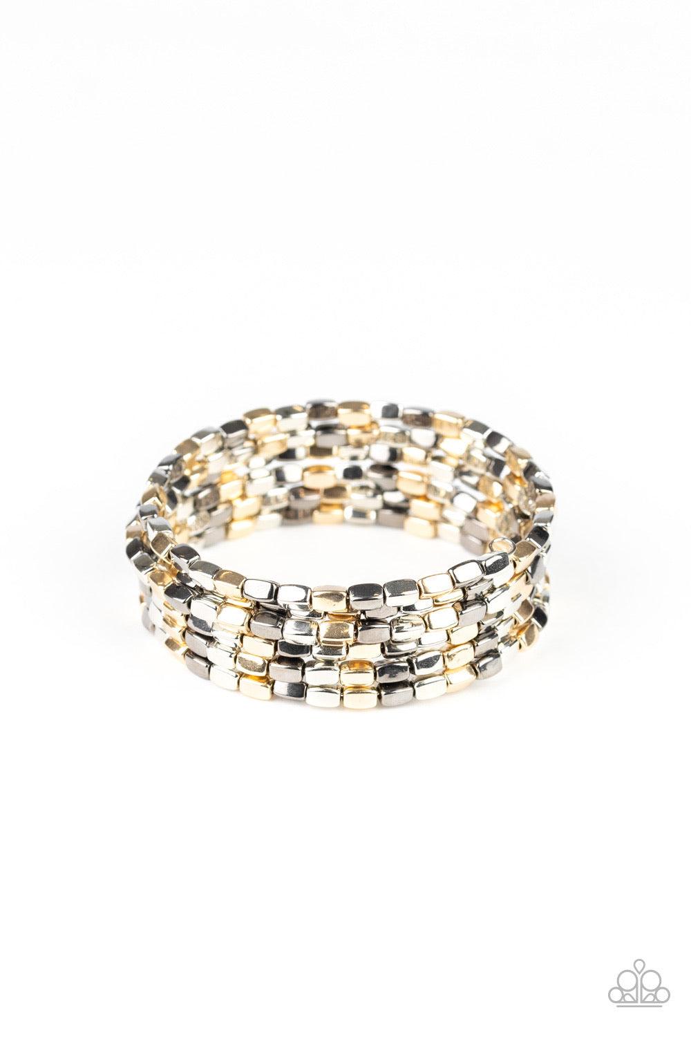 Paparazzi Accessories Stunningly Stacked - Multi A glistening collection of rectangular gold, gunmetal, and silver beads are threaded along a coiled wire, creating a shimmery infinity wrap style bracelet around the wrist. Jewelry