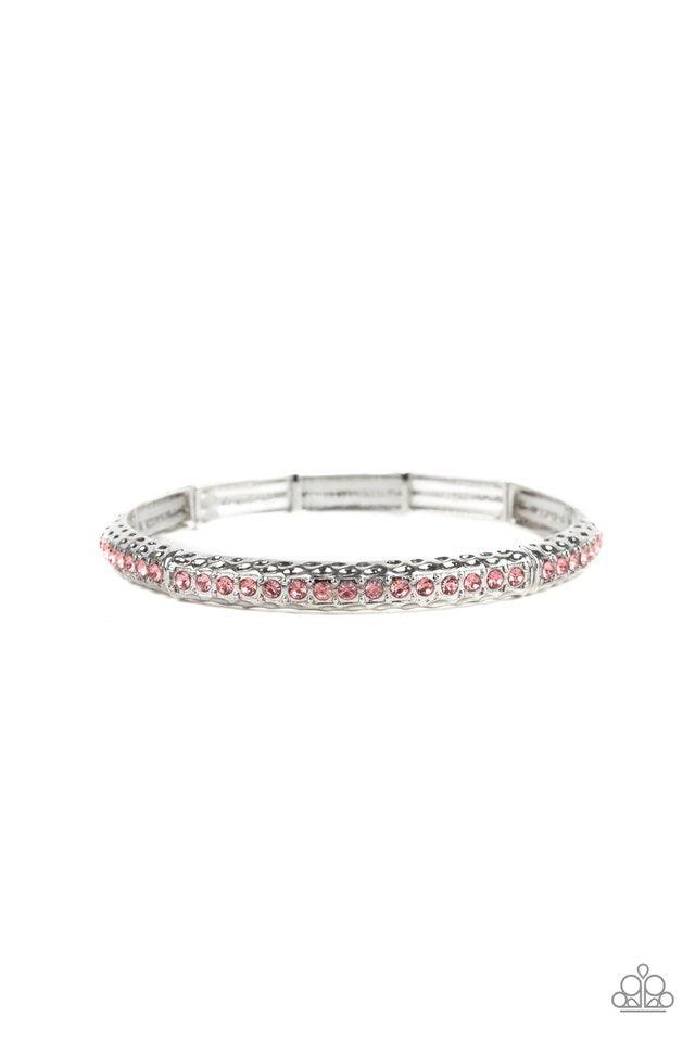 Paparazzi Accessories Cha Cha Ching! - Purple Encrusted in a row of glittery pink rhinestones, hammered silver frames are threaded along a stretchy band around the wrist for a glamorous bangle-like look. Jewelry