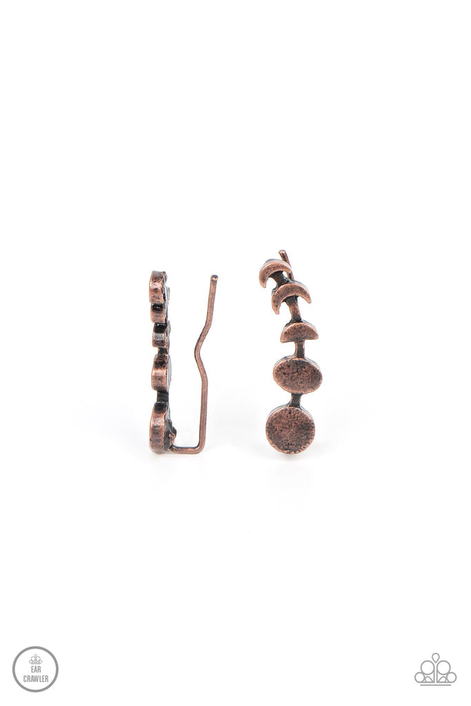 Paparazzi Accessories It’s Just a Phase - Copper A dainty copper bar displays the phases of the moon as it curls across the ear for a stellar look. Features an extended post fitting that climbs the back of the ear and can be pressed together for a more se
