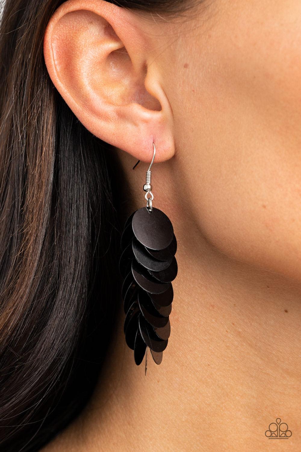 Paparazzi Accessories Now You SEQUIN It - Black A cluster of bubbly black sequins dangle from the ear, creating effortless effervescence. Earring attaches to a standard fishhook fitting. Sold as one pair of earrings. Jewelry