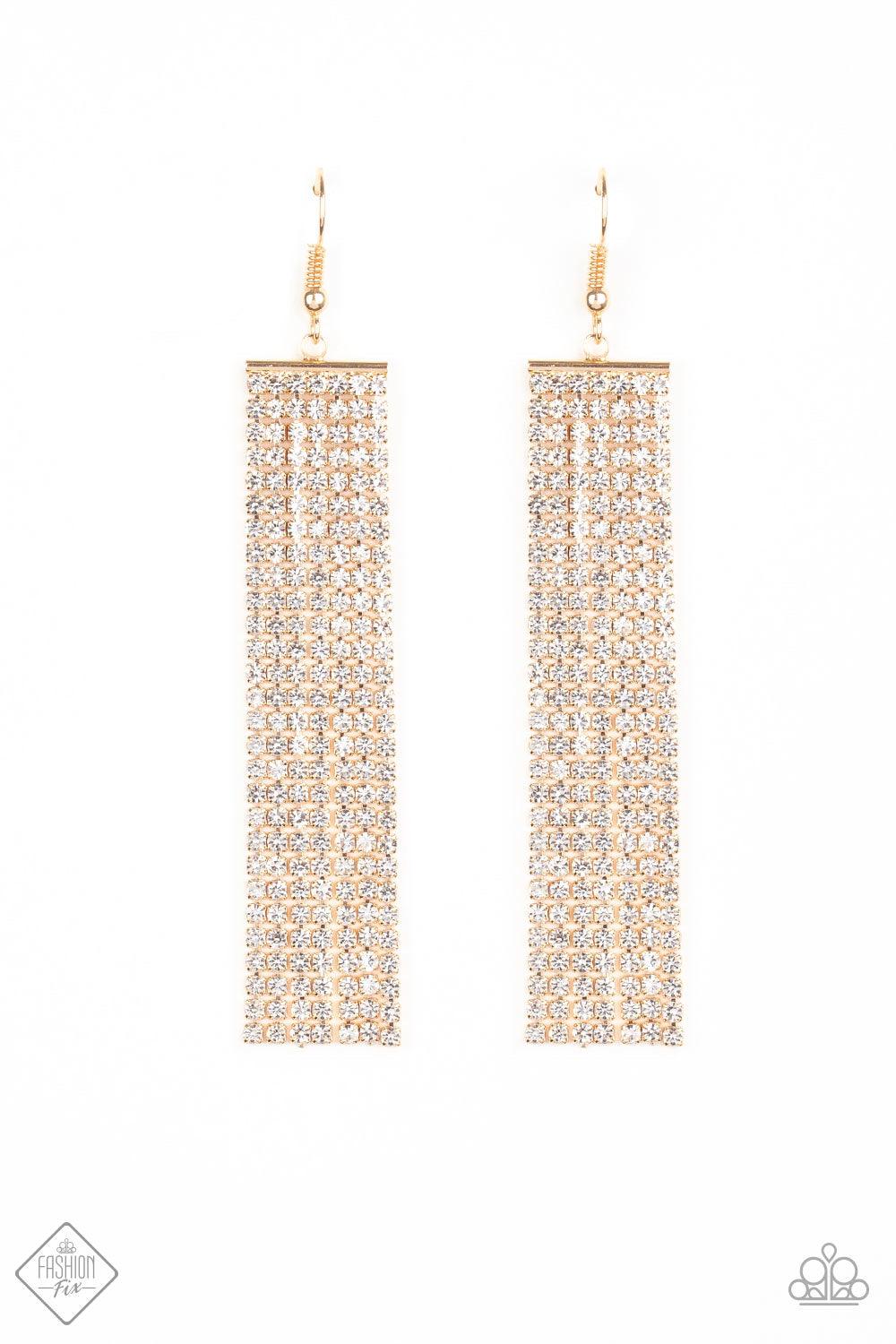 Paparazzi Accessories Top-Down Shimmer -Gold Strand after strand of glittery white rhinestones stream from a gold fitting, creating an elegant fringe that falls effortlessly from the ear. Earring attaches to a standard fishhook fitting. Jewelry