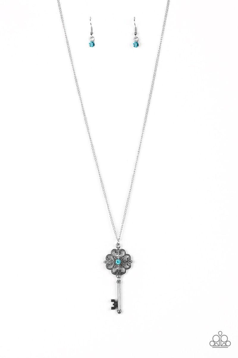 Paparazzi Accessories Got It On Lock - Blue Dotted with a glittery blue rhinestone, a vintage inspired key pendant swings from the bottom of an elegantly elongated silver chain for a whimsical look. Features an adjustable clasp closure. Sold as one indivi