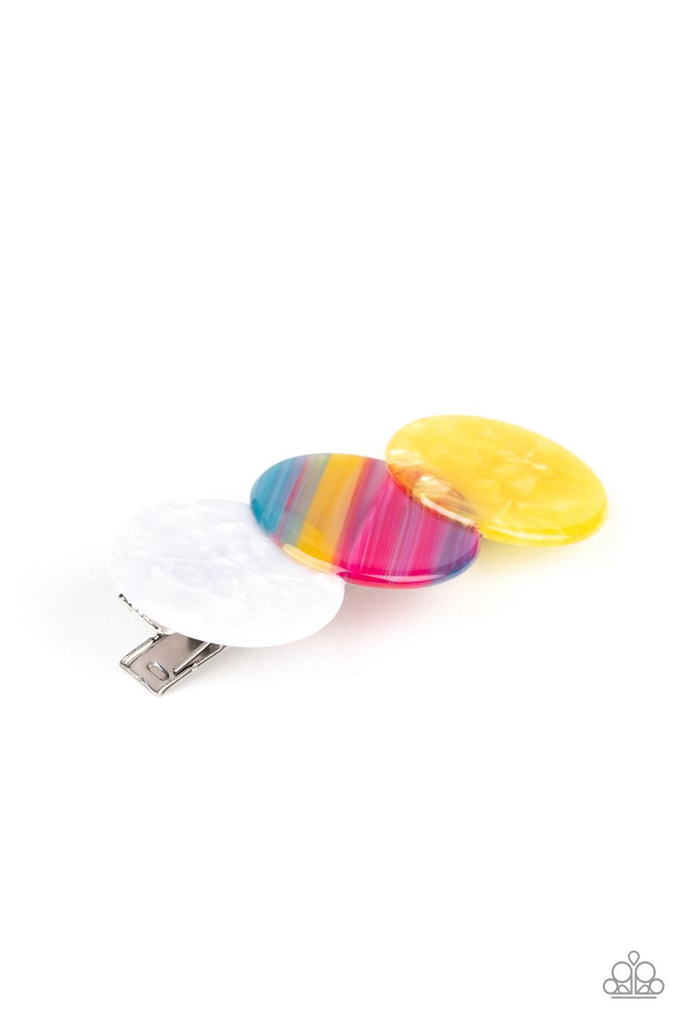 Paparazzi Accessories Bubbly Bliss - Multi Varying in color and pattern, three iridescent acrylic frames join into a bubbly piece. Features a standard hair clip on the back. Color may vary. Hair Accessories