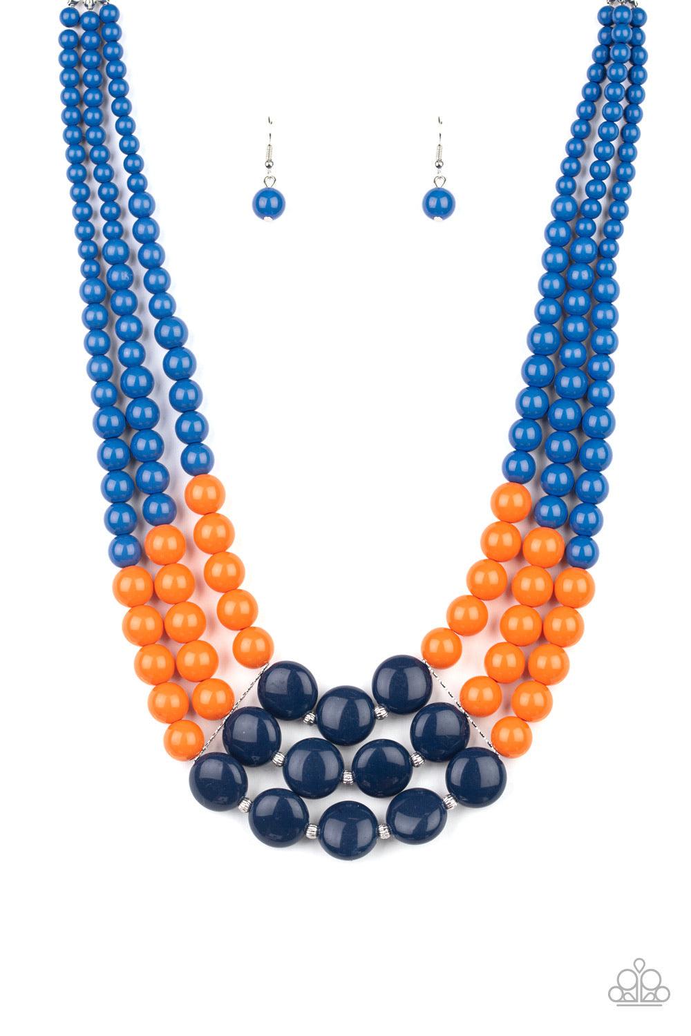 Paparazzi Accessories Beach Bauble - Blue Held together by dainty silver fittings, strands of beads fade from blue to orange to navy blue along invisible wires below the collar for a statement-making finish. Features an adjustable clasp closure. Sold as o
