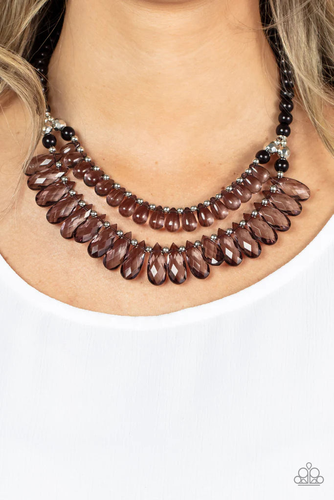 Paparazzi Accessories All Across the GLOBETROTTER - Black Varying in size, a smoky collection of glassy teardrops alternate with dainty silver beads in two rows below the collar for a glamorous pop of color. Features an adjustable clasp closure. Sold as o