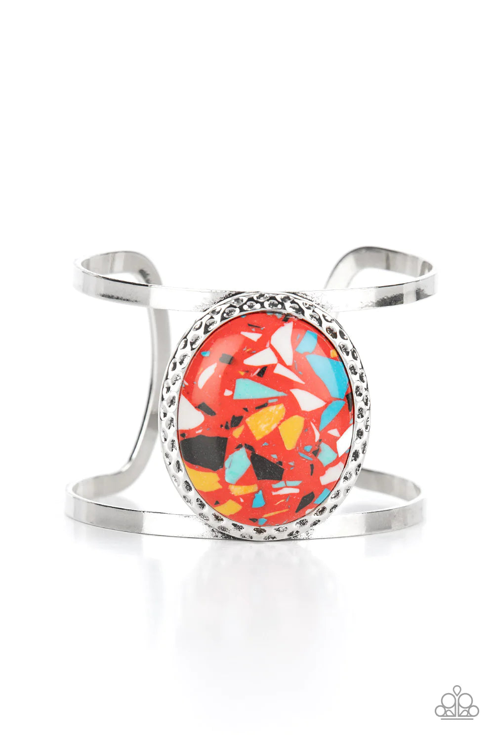 Paparazzi Accessories Tantalizingly Terrazzo - Red Featuring a colorful terrazzo finish, an oversized red stone is pressed into the center of a hammered silver frame atop a layered silver cuff for a modern stone look. Sold as one individual bracelet. Jewe