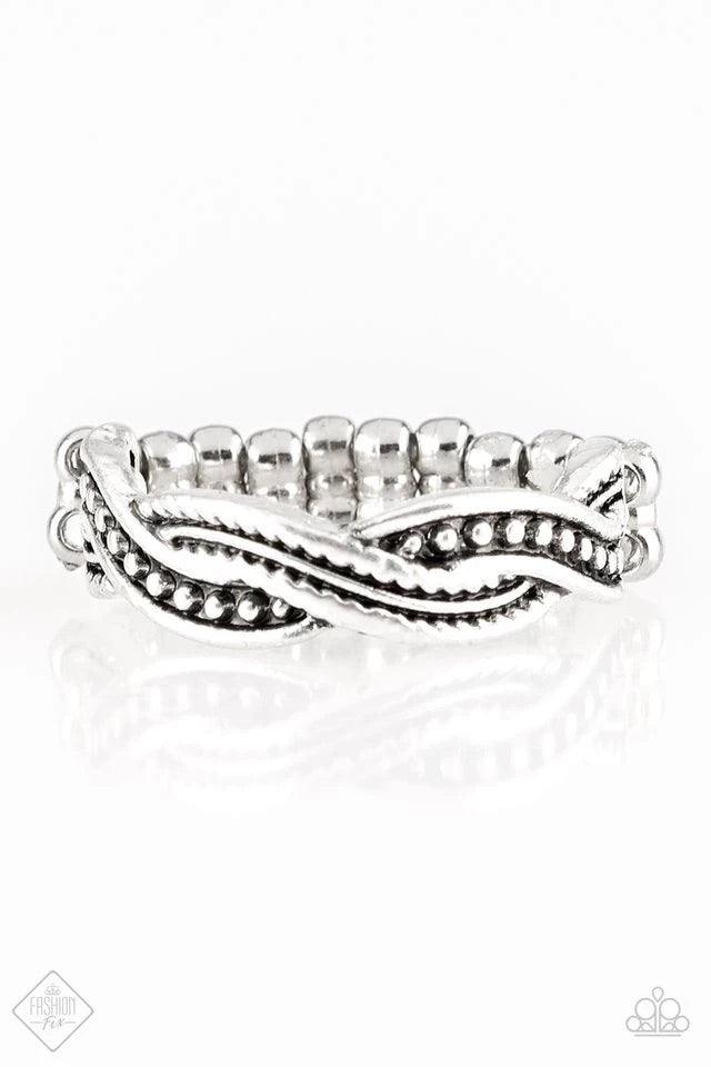 Paparazzi Accessories Texture Tango - Silver Featuring mismatched textures, ribbons of antiqued silver bands braid across the finger for a tribal inspired look. Features a dainty stretchy band. Sold as one individual ring. Jewelry