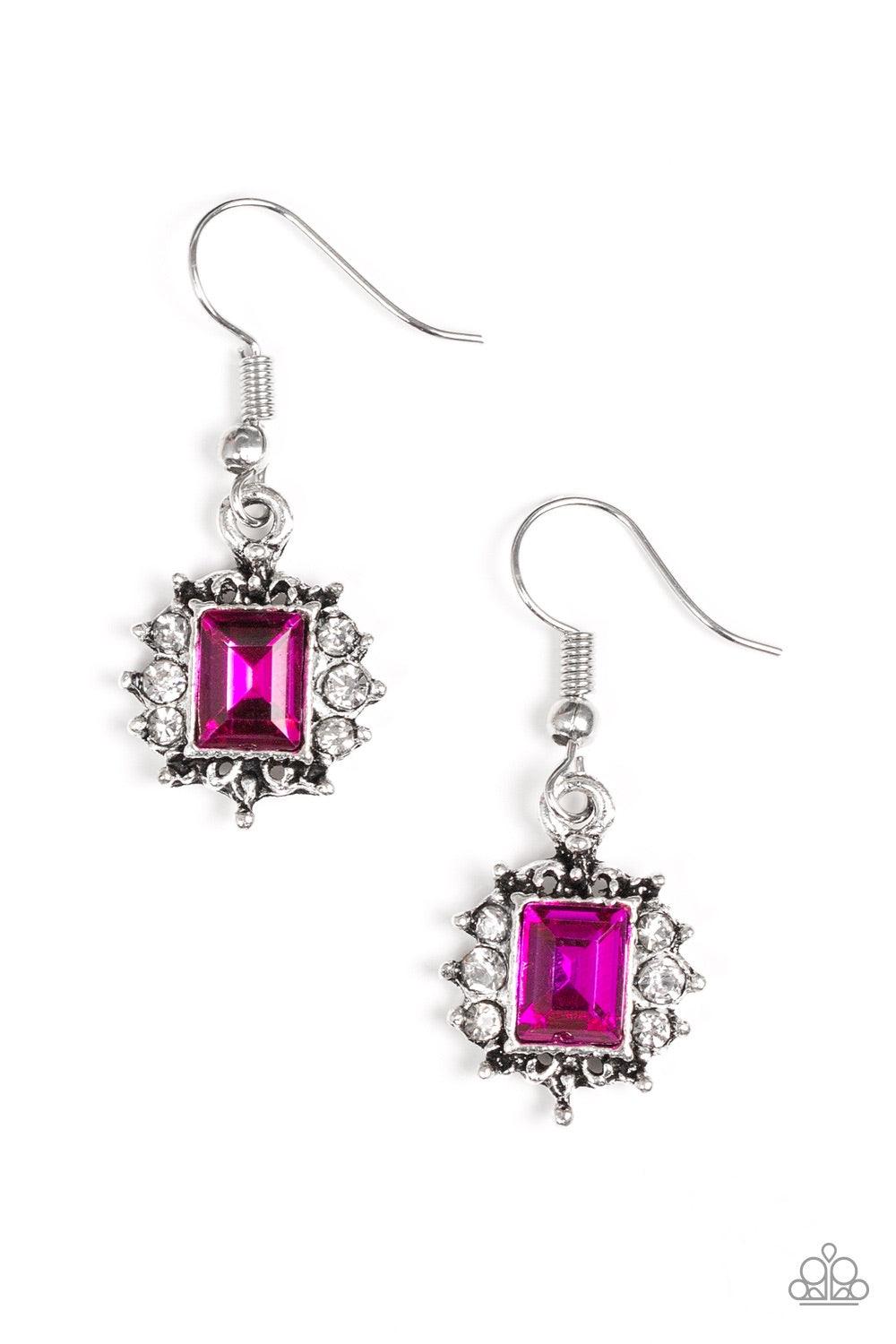 Paparazzi Accessories Can’t Stop The REIGN - Pink Featuring a regal emerald style cut, a glittery pink gem is pressed into a shimmery silver frame radiating with glassy white rhinestones for a refined look. Earring attaches to a standard fishhook fitting.