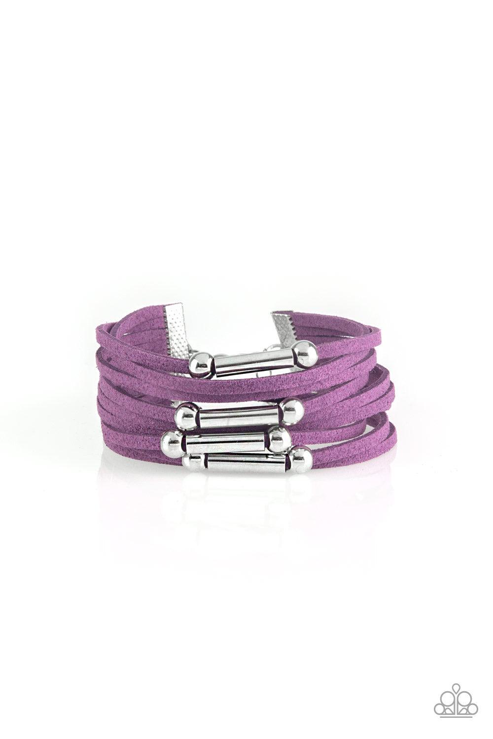 Paparazzi Accessories Back to Backpacker - Purple Strung between two silver fittings, glistening silver and gunmetal accents slide along strands of purple suede for a seasonal look. Features an adjustable clasp closure. Jewelry