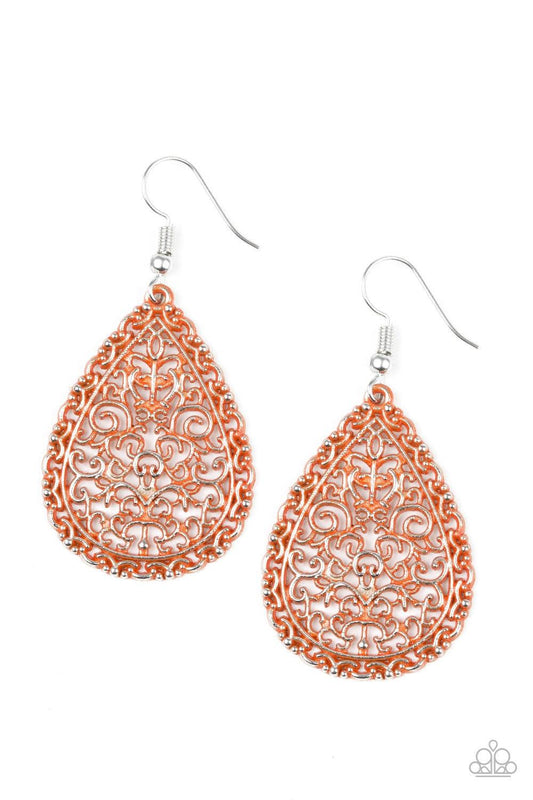 Paparazzi Accessories Indie Idol - Orange Brushed in a refreshing orange finish, vine-like filigree climbs a shimmery silver teardrop for a whimsical look. Earring attaches to a standard fishhook fitting. Jewelry
