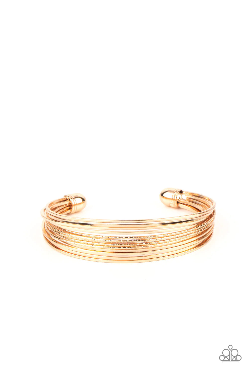 Paparazzi Accessories This Girl is on WIRE - Gold Capped in gold fittings, rows of smooth gold wires flank a section of diamond cut gold wire around the wrist, creating an edgy cuff. Sold as one individual bracelet. Jewelry