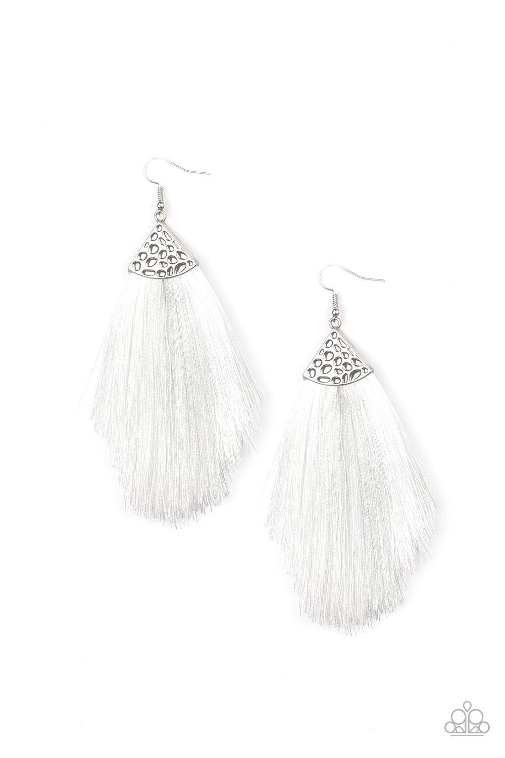 Paparazzi Accessories Tassel Tempo - White Shiny white thread fans out from the bottom of a hammered silver fitting, creating a tapered fringe. Earring attaches to a standard fishhook fitting. Sold as one pair of earrings. Jewelry