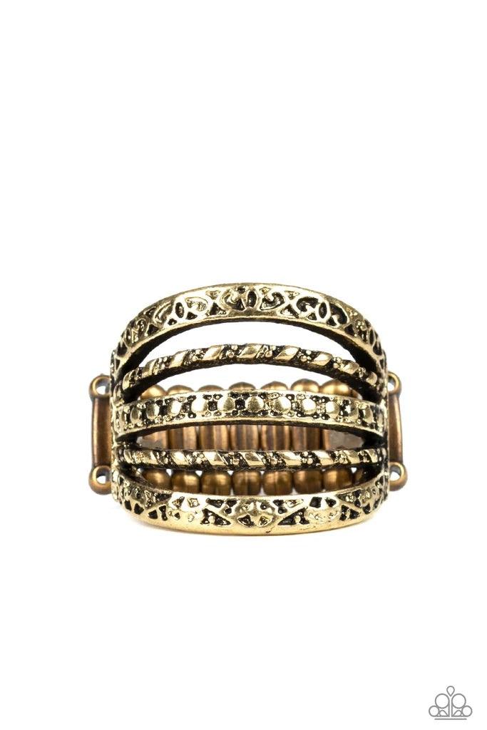 Paparazzi Accessories Textile Bliss - Brass Featuring studded, embossed, and hammered accents, mismatched brass bands stack across the finger for a casual look. Features a stretchy band for a flexible fit. Sold as one individual ring. Jewelry