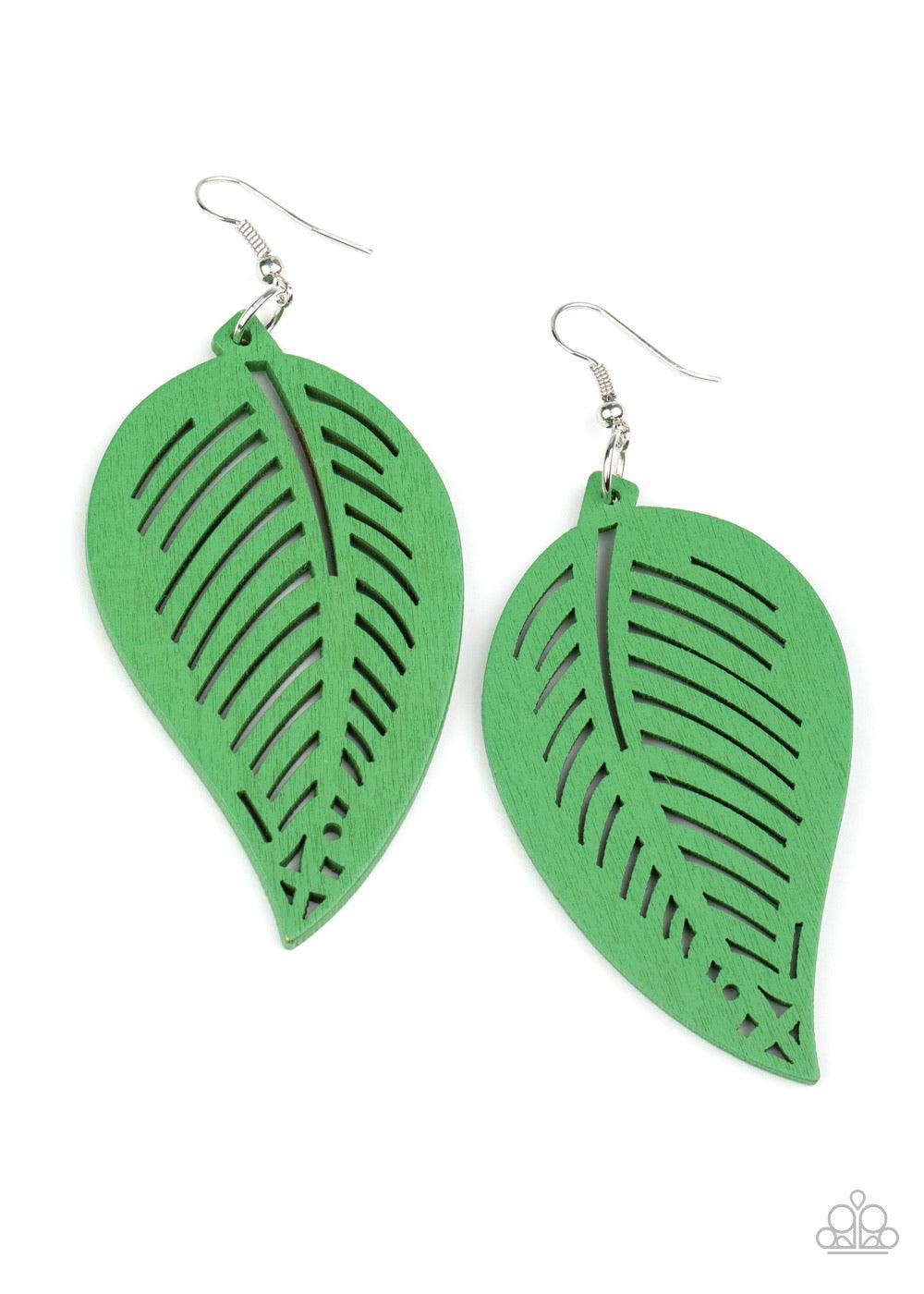 Paparazzi Accessories Tropical Foliage - Green Painted in a refreshing green finish, a wooden frame is delicately cut into an airy leaf pattern for a seasonal flair. Earring attaches to a standard fishhook fitting. Sold as one pair of earrings. Jewelry