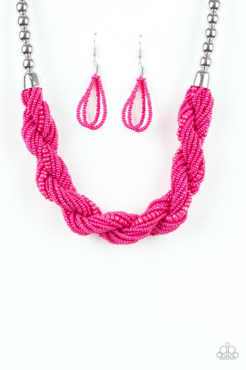 Paparazzi Accessories Savannah Surfin - Pink Glistening silver beads give way to strands of twisting pink seed beads below the collar for a summery flair. Features an adjustable clasp closure.