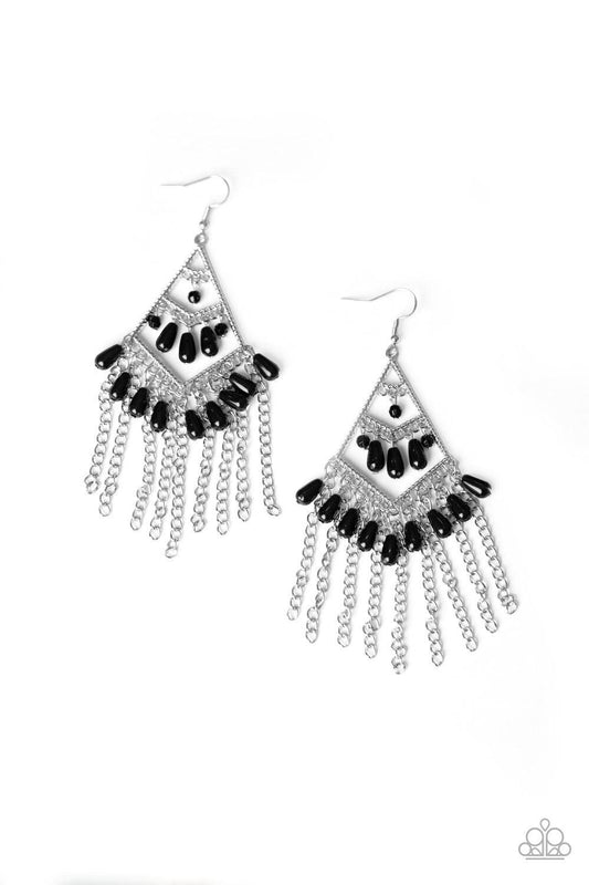 Paparazzi Accessories Trending Transcendence - Black Dainty black teardrop beads cascade from three tiers of a silver kite-shaped frame. Shimmery silver chains stream from the bottom of the frame, adding movement to the colorful fringe. Earring attaches t