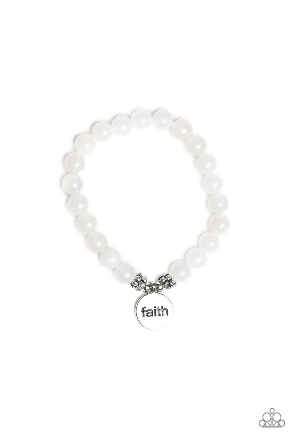 Paparazzi Accessories FAITH It, Till You Make It - White A refreshing collection of glassy stone beads are threaded along a stretchy band around the wrist for a seasonal flair. A shimmery silver disc stamped in the word, "faith", swings from the wrist for