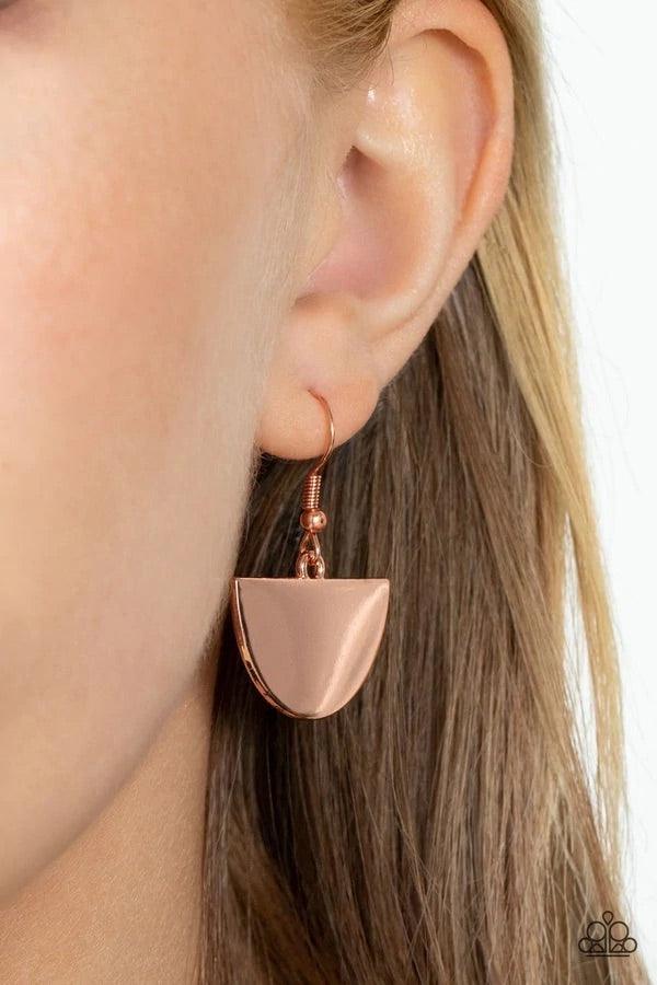 Paparazzi Accessories Lunar Phases - Copper A solid silver halfmoon frame delicately overlaps a shiny copper halfmoon silhouette, creating a classic mixed metal palette at the bottom of a shiny copper snake chain. Features an adjustable clasp closure. Sol