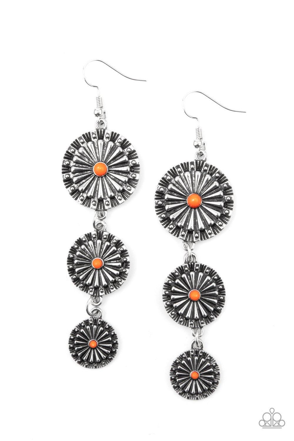 Paparazzi Accessories Festive Floral - Orange Dotted with dainty orange beads, rustic silver floral frames gradually decrease in size as they swing from the ear, creating a colorful lure. Earring attaches to a standard fishhook fitting. Sold as one pair o