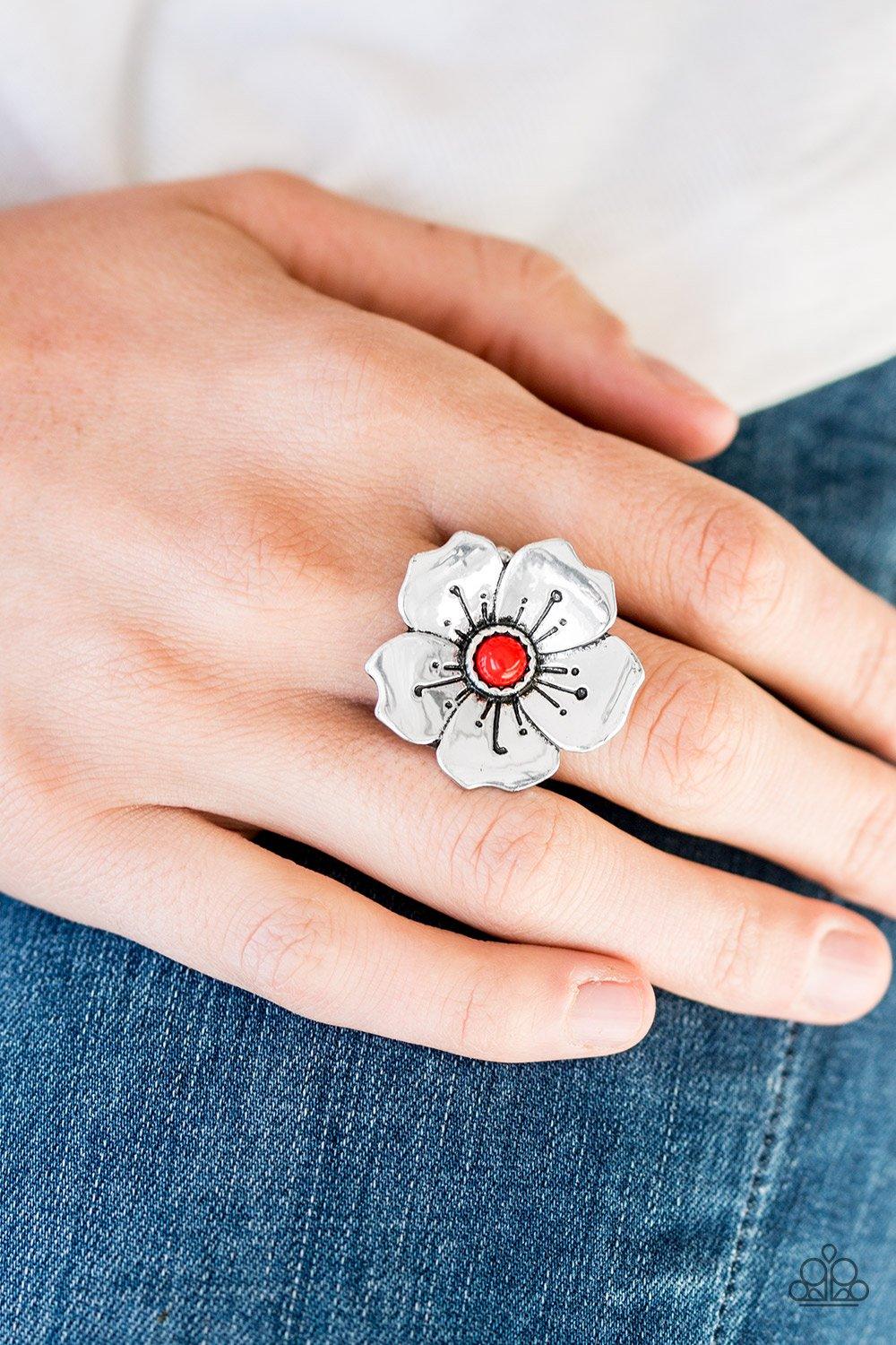 Paparazzi Accessories Boho Blossom - Red A bright red bead is pressed into the center of a blooming silver flower radiating with antiqued details for a whimsical look. Features a stretchy band for a flexible fit. Sold as one individual ring. Jewelry