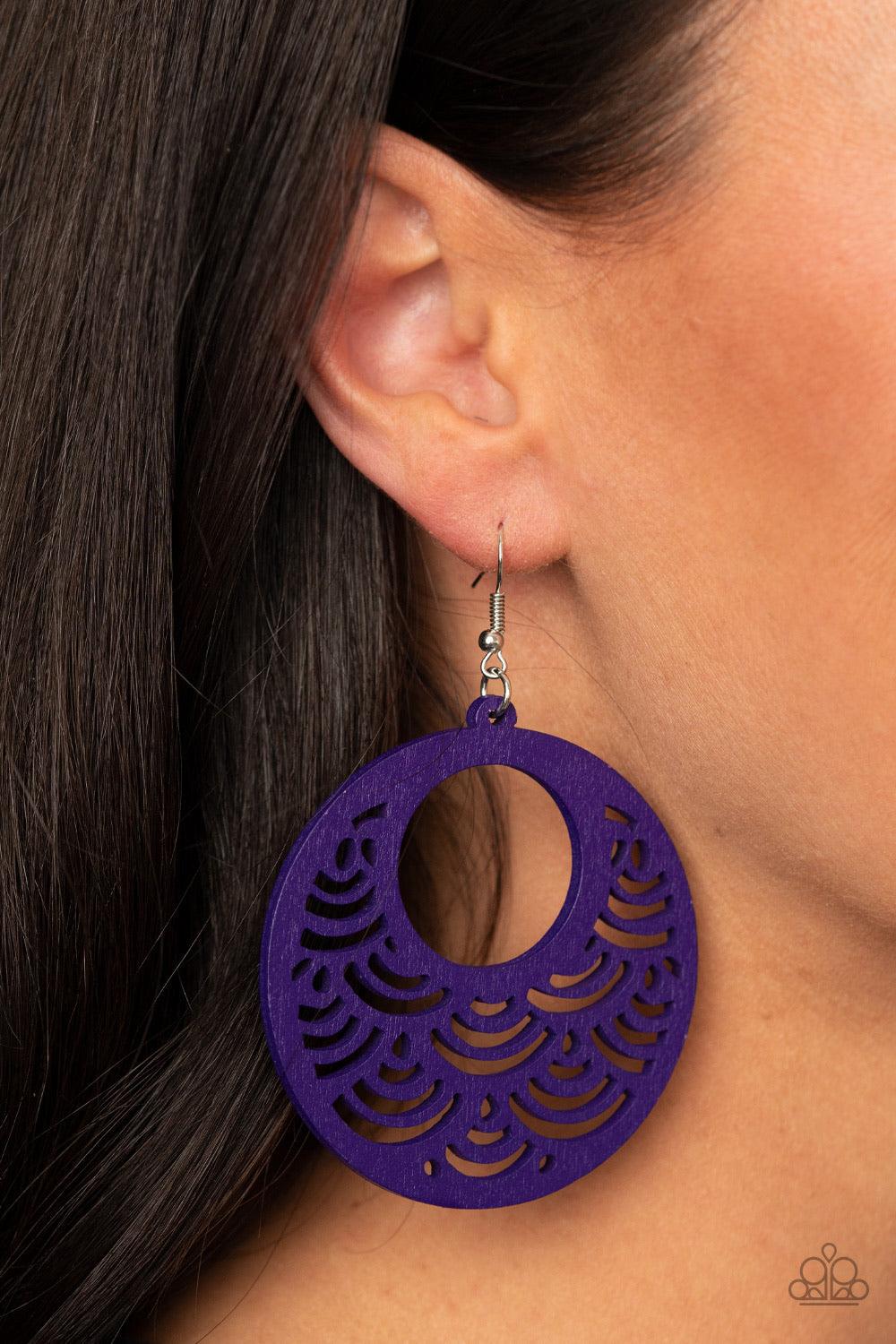 Paparazzi Accessories SEA Le Vie - Purple Stenciled in an airy scalloped cutout pattern, a vivacious purple wooden frame swings from the ear for a colorful tropical inspiration. Earring attaches to a standard fishhook fitting. Sold as one pair of earrings