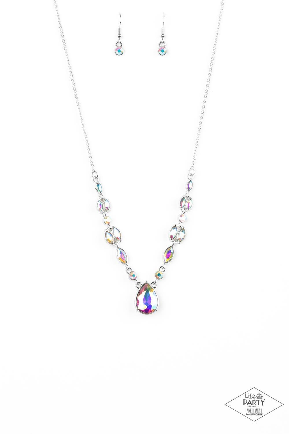 Paparazzi Accessories Royal Rendezvous ~Multi Featuring regal marquise style cuts, glittery iridescent rhinestones trickle along a shimmery silver chain below the collar. A dramatic teardrop rhinestone drips from the center, creating a breathtaking pendan