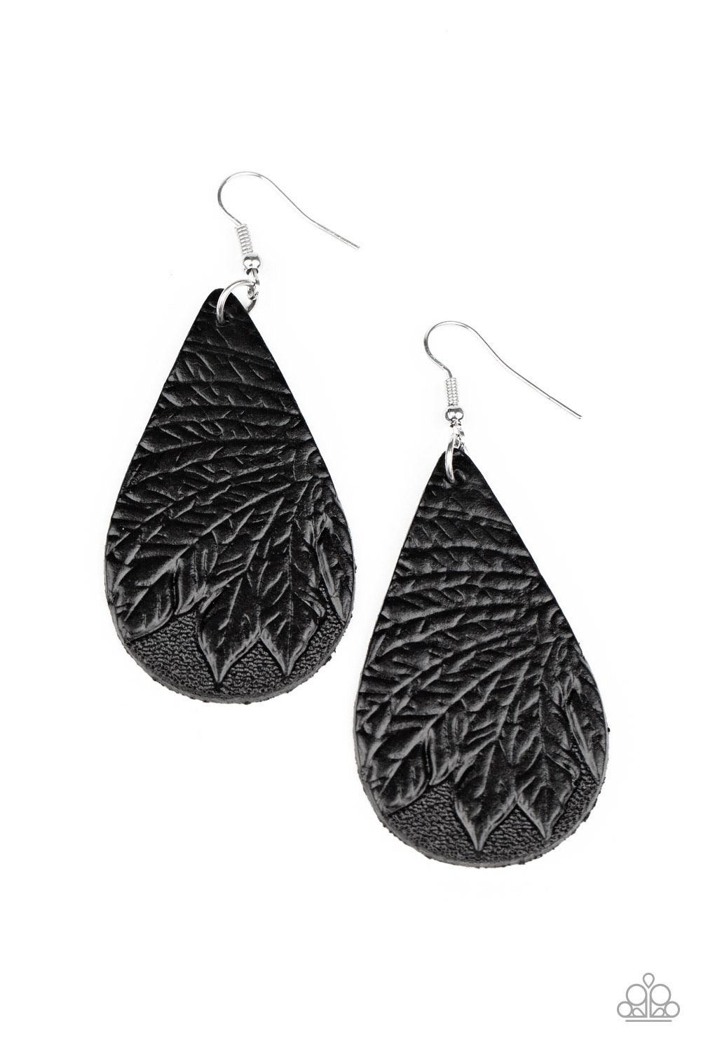 Paparazzi Accessories Everyone Remain PALM! - Black Embossed in a leafy palm-like pattern, an earthy black leather teardrop swings from the ear for a whimsical look. Earring attaches to a standard fishhook fitting. Sold as one pair of earrings. Jewelry