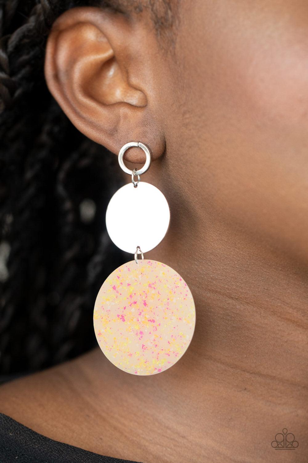 Paparazzi Accessories Beach Day Glow - Multi A speckled acrylic circle swings from the bottom of a glistening silver disc that is attached to an airy circle fitting. The shiny trio links into a colorful lure for a retro look. Earring attaches to a standar
