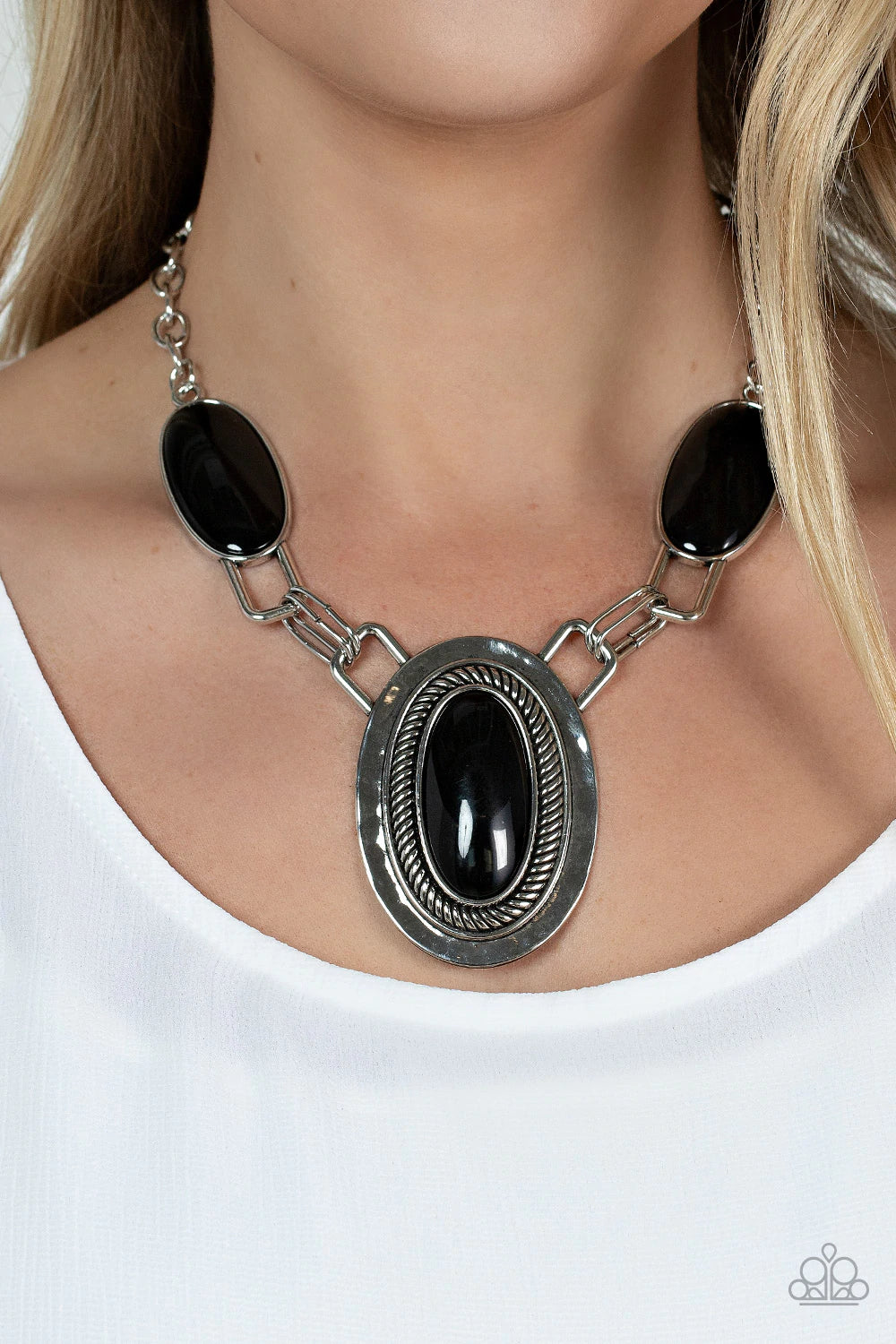 Paparazzi Accessories Count To TENACIOUS - Black Featuring abstract square fittings, a pair of oblong black beaded frames link to a dramatically oversized silver pendant below the collar. Bordered in rope-like texture, the hammered pendant features a matc