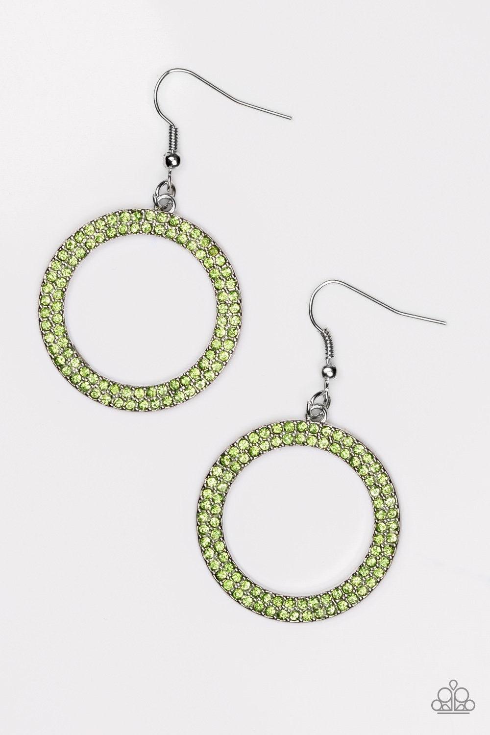 Paparazzi Accessories Bubbly Babe - Green Two rows of glittery green rhinestones are encrusted along a shimmery silver circle, creating a bubbly frame. Earring attaches to a standard fishhook fitting. Sold as one pair of earrings. Jewelry