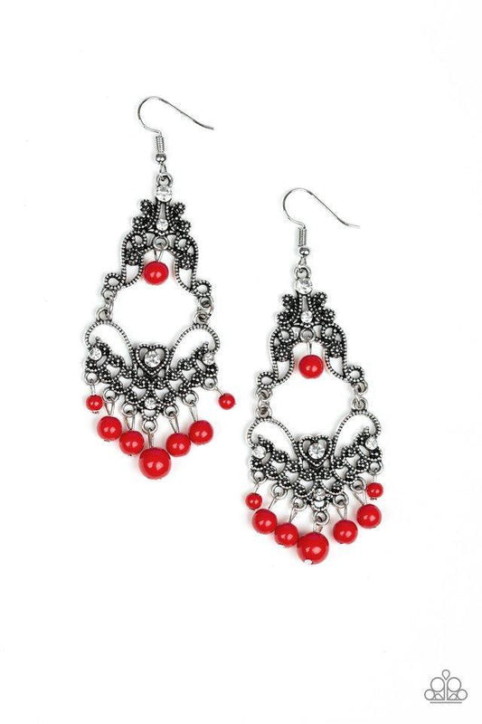 Paparazzi Accessories Colorfully Cabaret - Red Infused with hints of glittery white rhinestones, dotted silver filigree swirls into a decorative frame. Polished red beads swing from the bottom and top of the ornate frame, adding colorful movement to the w