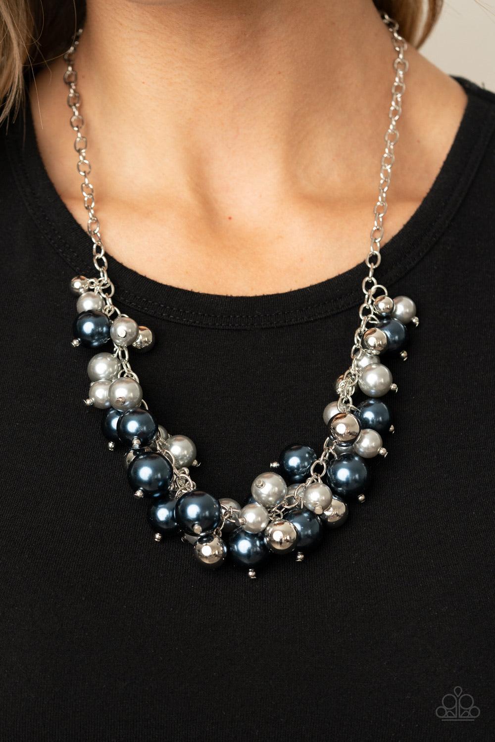 Paparazzi Accessories Uptown Upgrade ~Multi A bubbly collection of shiny silver, pearly Blue Depths, and Sleet beads cluster along a shimmery silver chain below the collar, creating a vivacious fringe. Features an adjustable clasp closure. Sold as one ind