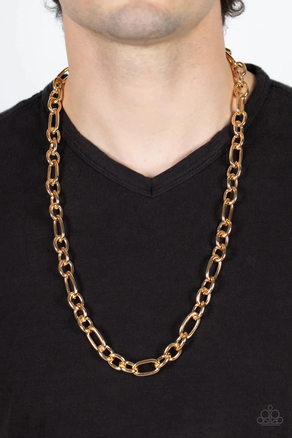 Paparazzi Accessories Ringside Throne - Gold A hefty assortment of oversized gold links boldly interlock across the chest, creating an intense urban look. Features an adjustable clasp closure. Sold as one individual necklace. Jewelry