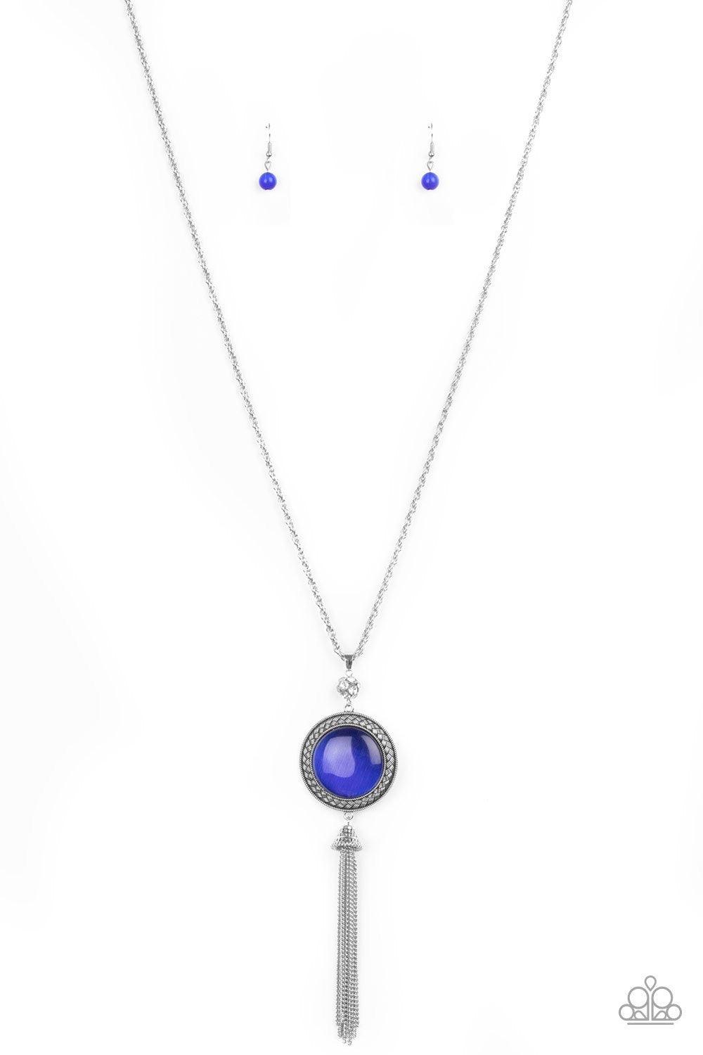 Paparazzi Accessories Serene Serendipity - Blue A glowing blue stone is set into a round silver frame hanging from a silver rope chain with chain fringe enhancing the bottom. Features an adjustable clasp. Jewelry