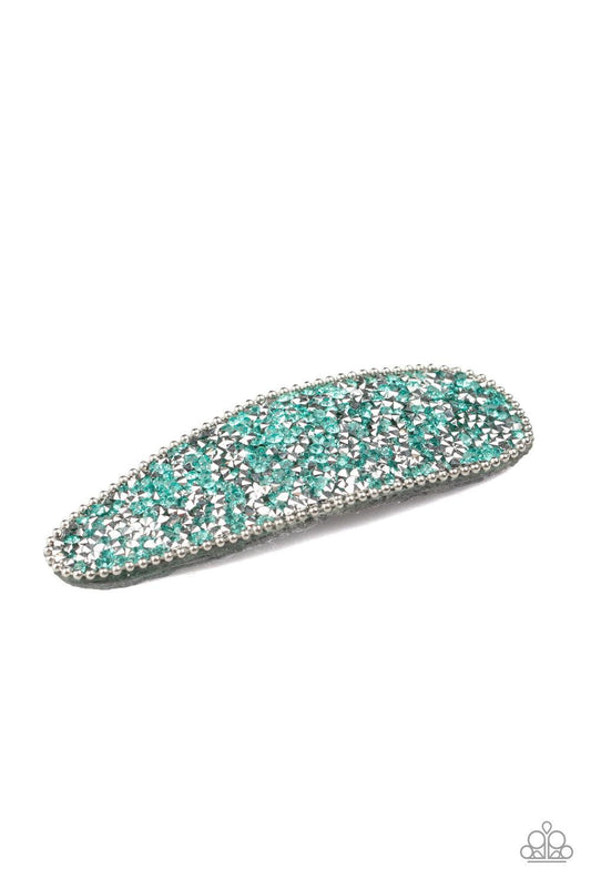 Paparazzi Accessories Didn’t HAIR It From Me - Green Bordered in shiny silver ball chain, a glittery collision of green and hematite rhinestones are encrusted across the front of a sparkly frame for a glamorous finish. Features a standard hair clip. Sold